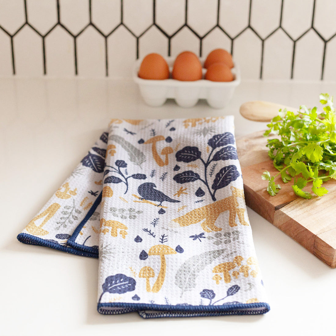 Fox and Feathers Blu Kitchen Tea Towel Kitchen Towel - rockflowerpaper