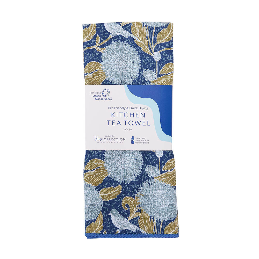 Chrysanthemum blu Kitchen Tea Towel-Double Side Printed Kitchen Towel - rockflowerpaper