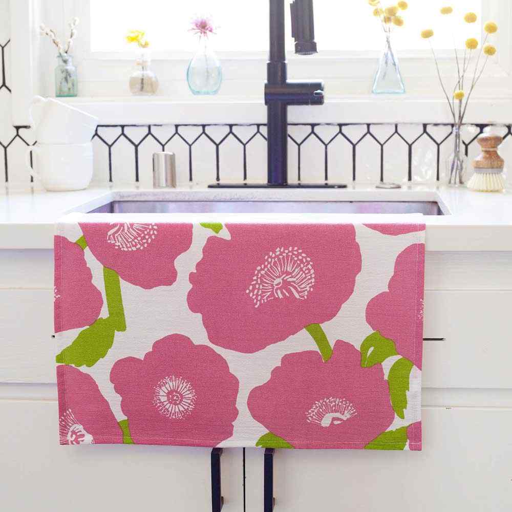 Poppies Pink Cotton Kitchen Towel (Set 3) Cotton Kitchen Towel - rockflowerpaper