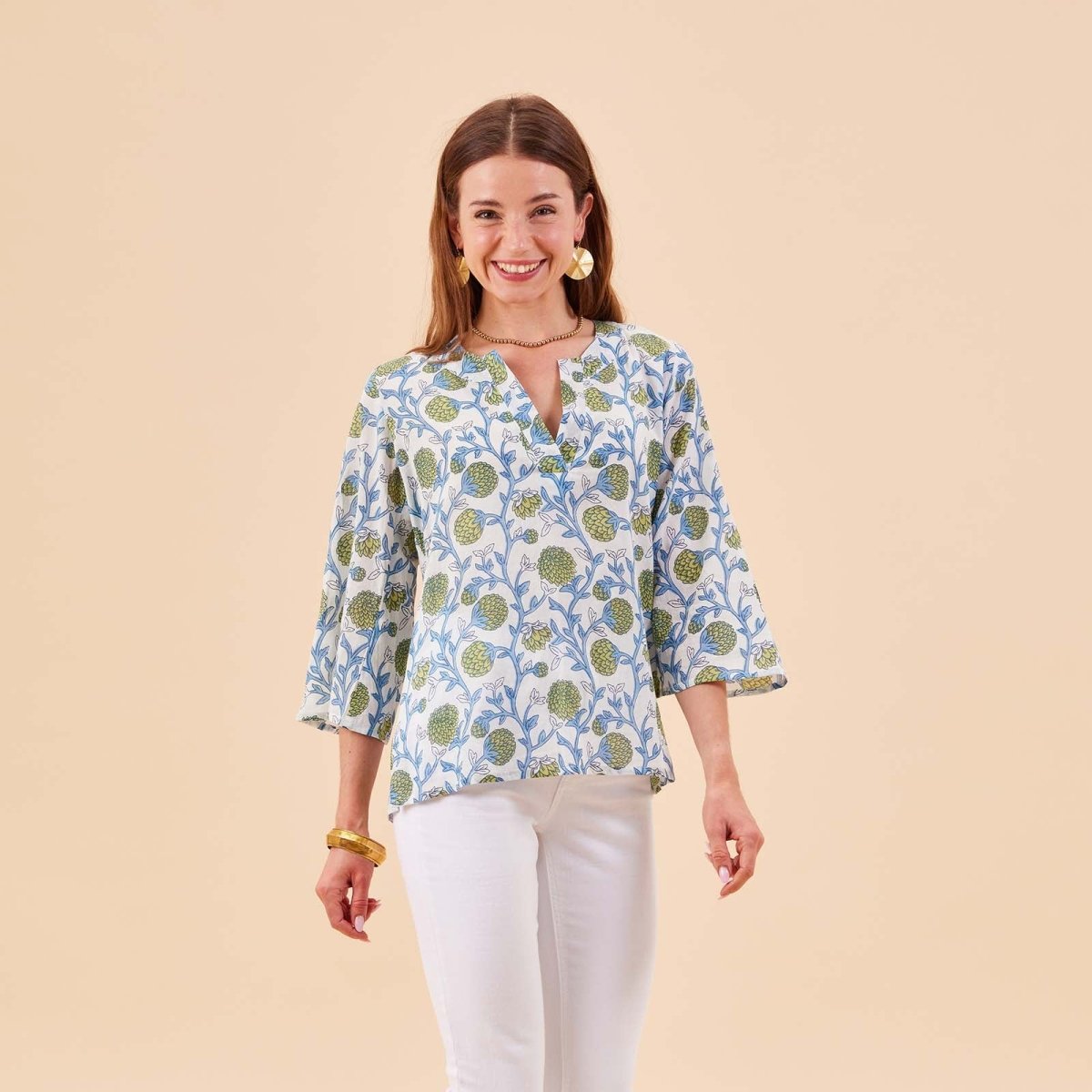 Ainsley Blue Green Cotton Kurta Tunic Tunic - rockflowerpaper