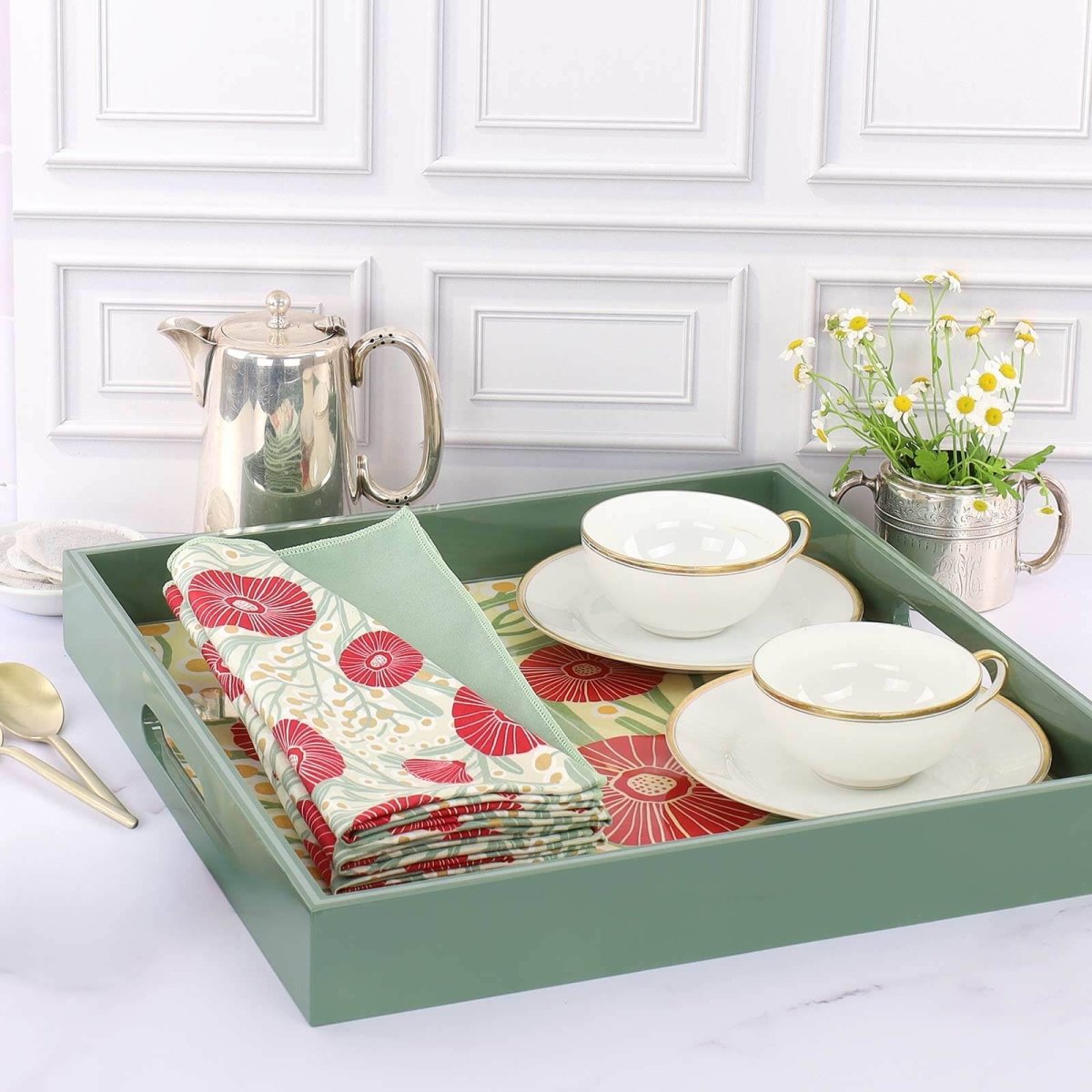 Camellia Bouquet Square Laquer Serving Tray Tray - rockflowerpaper