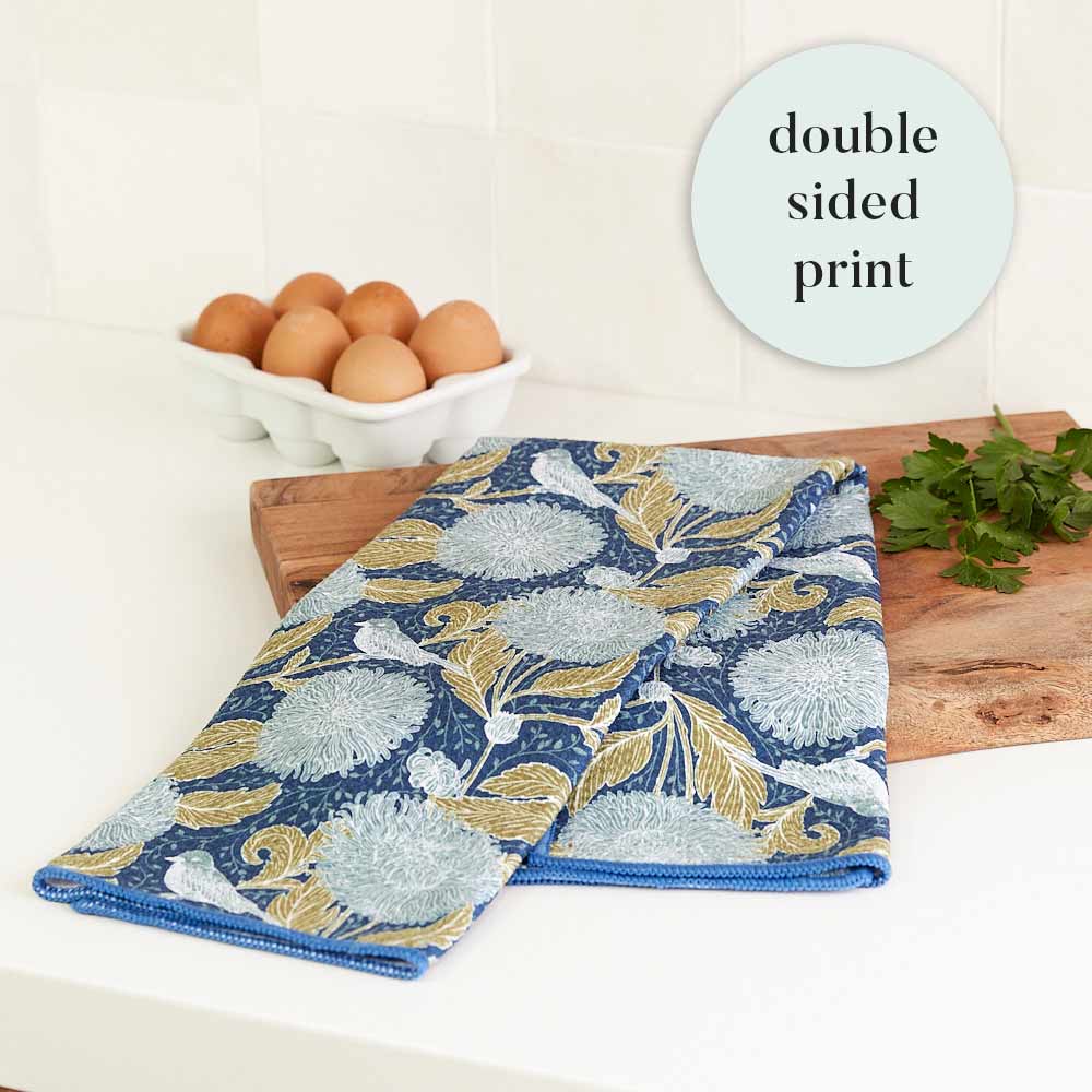 Chrysanthemum blu Kitchen Tea Towel - Double - Sided Print Kitchen Towel - rockflowerpaper