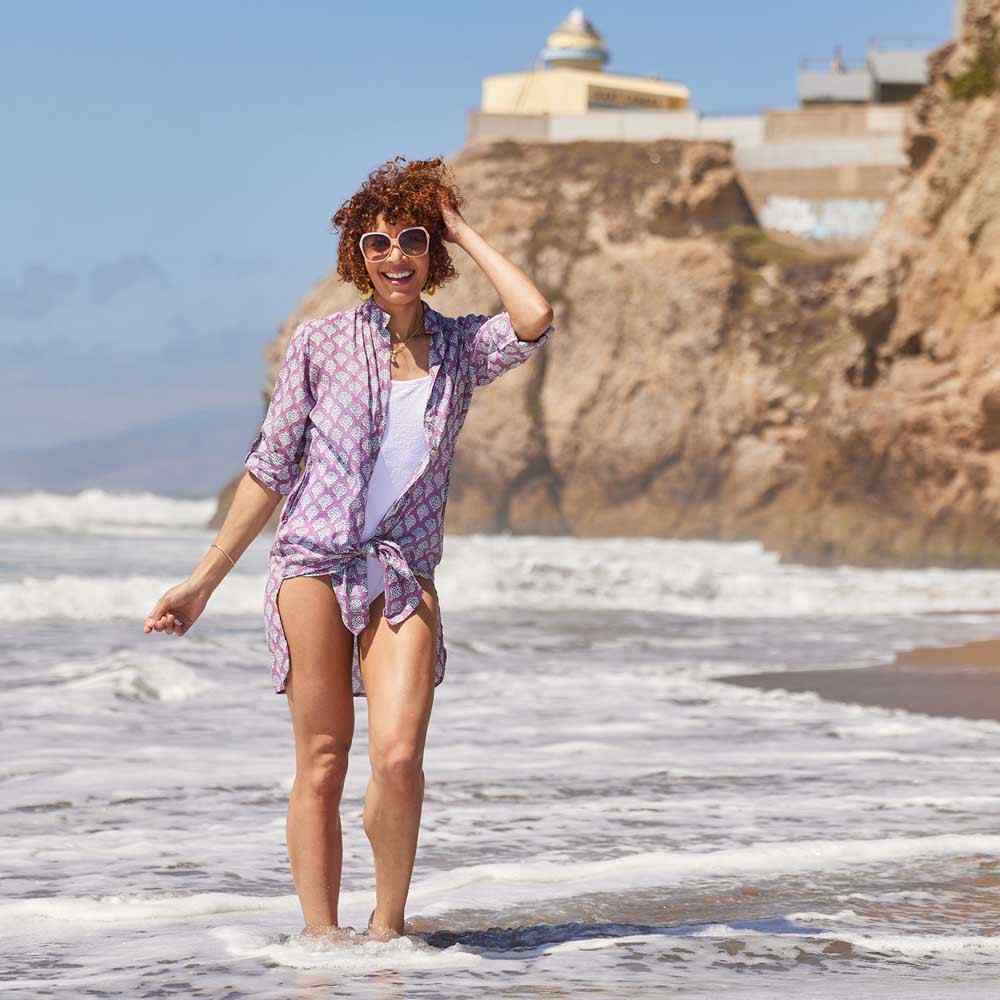 Fifer Raspberry Button Down Beach Tunic Swim Cover Up - rockflowerpaper