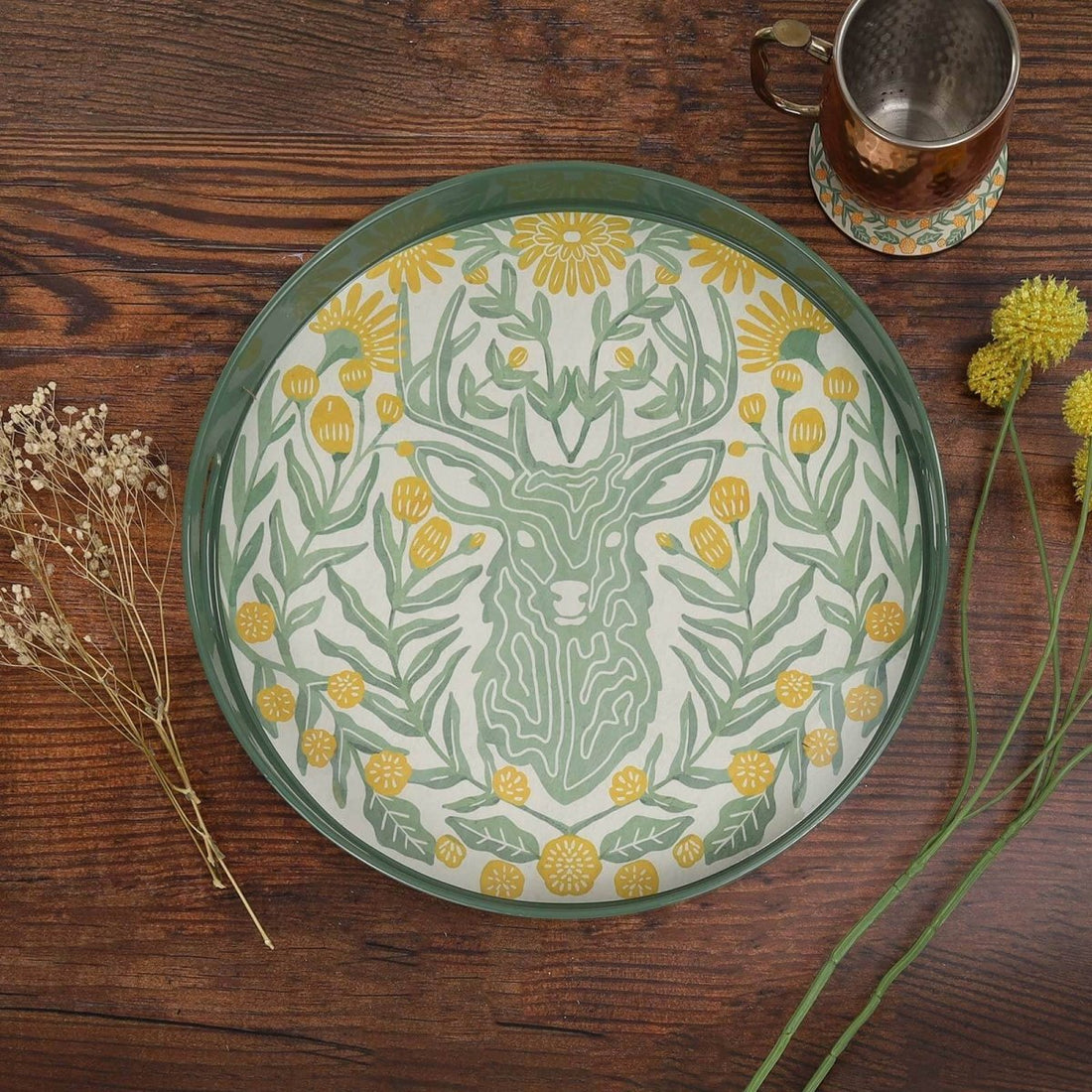 Floral Stag Round Lacquer Serving Tray Tray - rockflowerpaper
