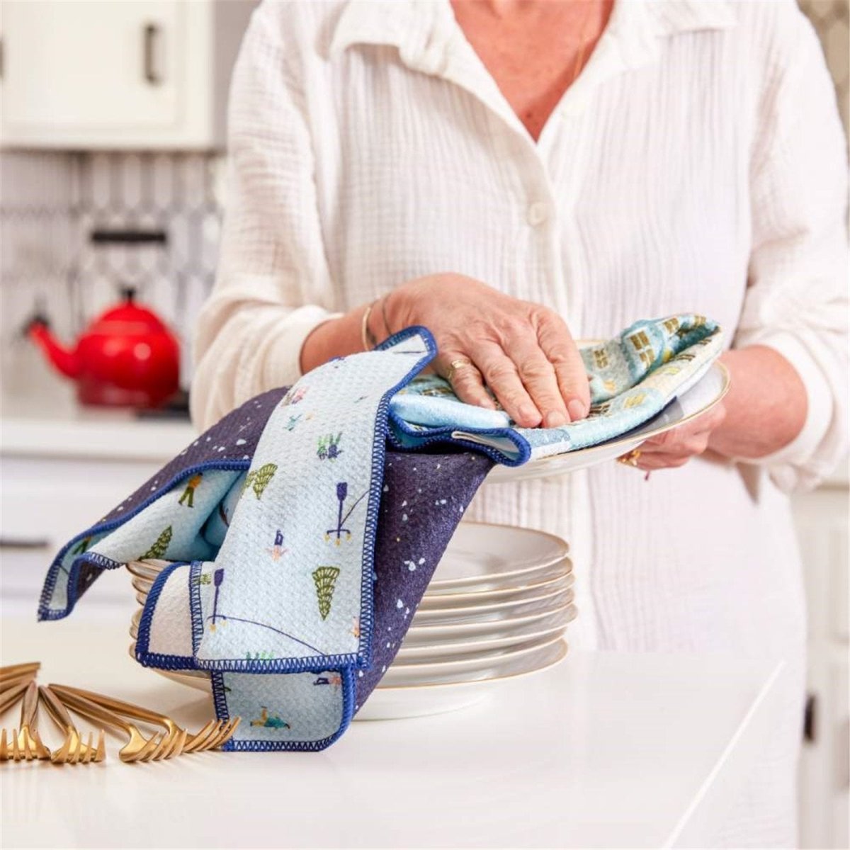 Holiday in the Park blu Kitchen Tea Towel - Double - Sided Print Kitchen Towel - rockflowerpaper