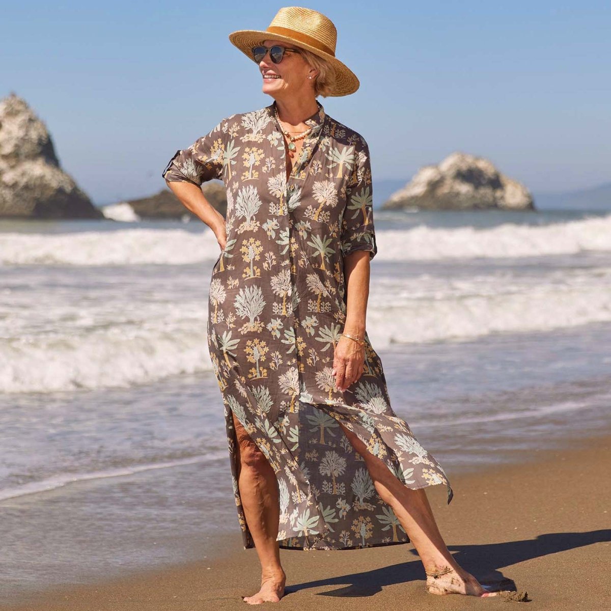 Island Grey Palm Cotton Long Shirt Dress Swim Cover Up - rockflowerpaper