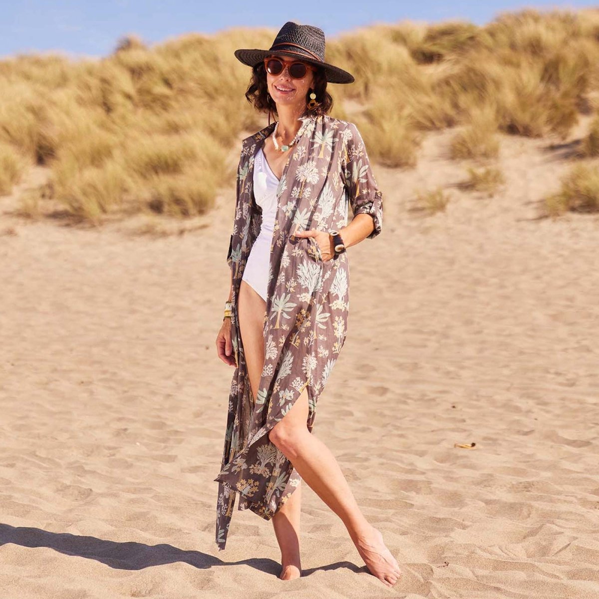 Island Grey Palm Cotton Long Shirt Dress Swim Cover Up - rockflowerpaper