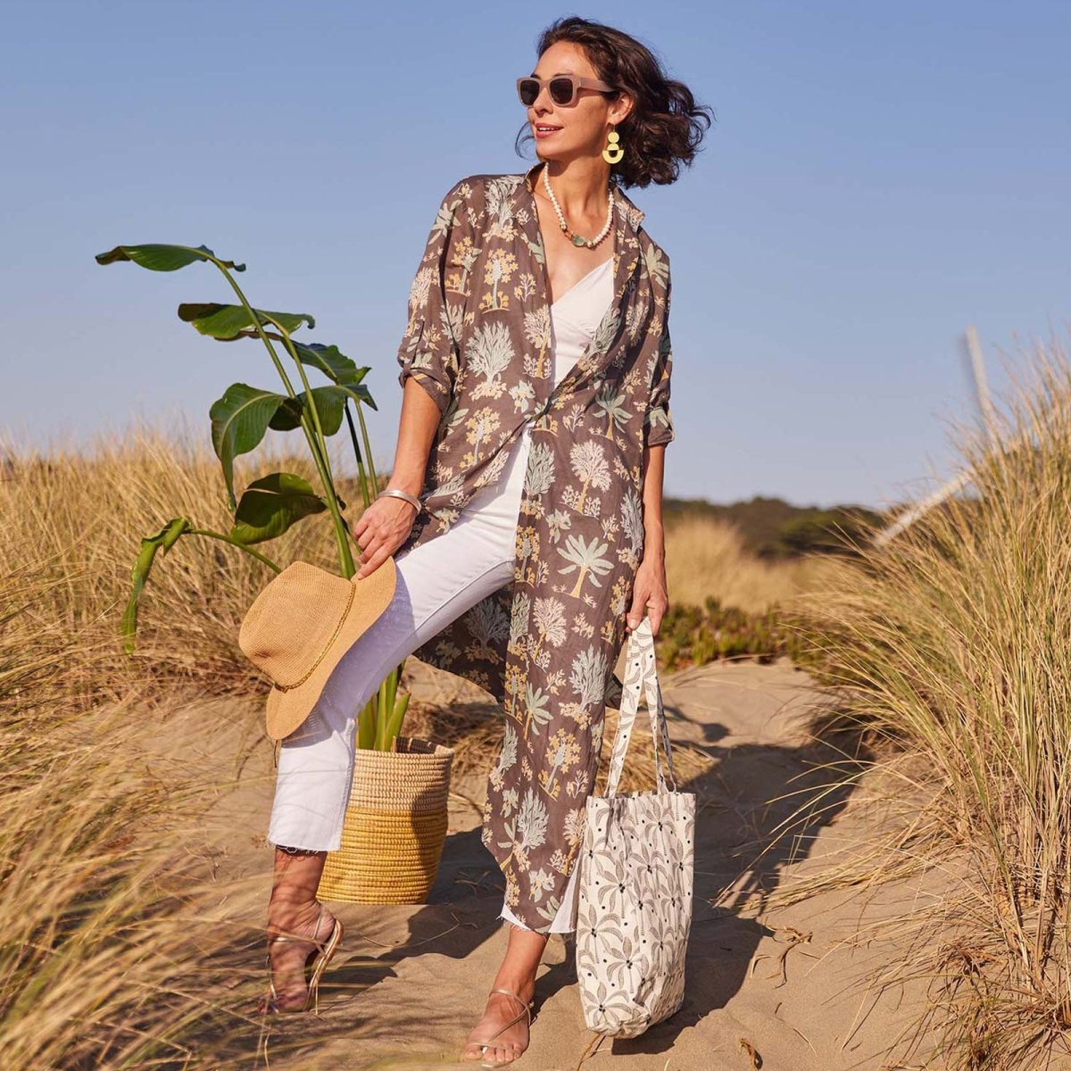 Island Grey Palm Cotton Long Shirt Dress Swim Cover Up - rockflowerpaper