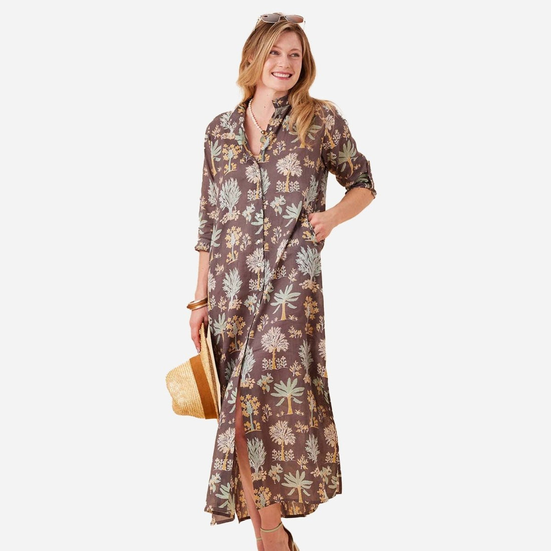 Island Grey Palm Cotton Long Shirt Dress Swim Cover Up - rockflowerpaper