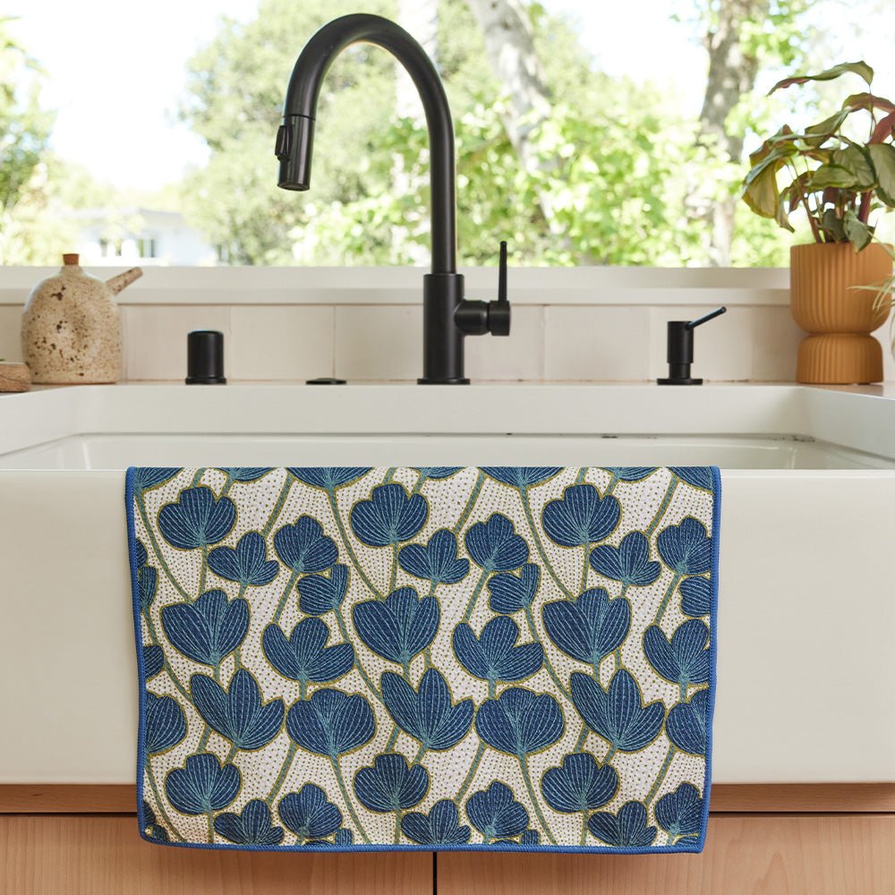 Modern Poppy Blue blu Kitchen Tea Towel - Double - Sided Print Kitchen Towel - rockflowerpaper