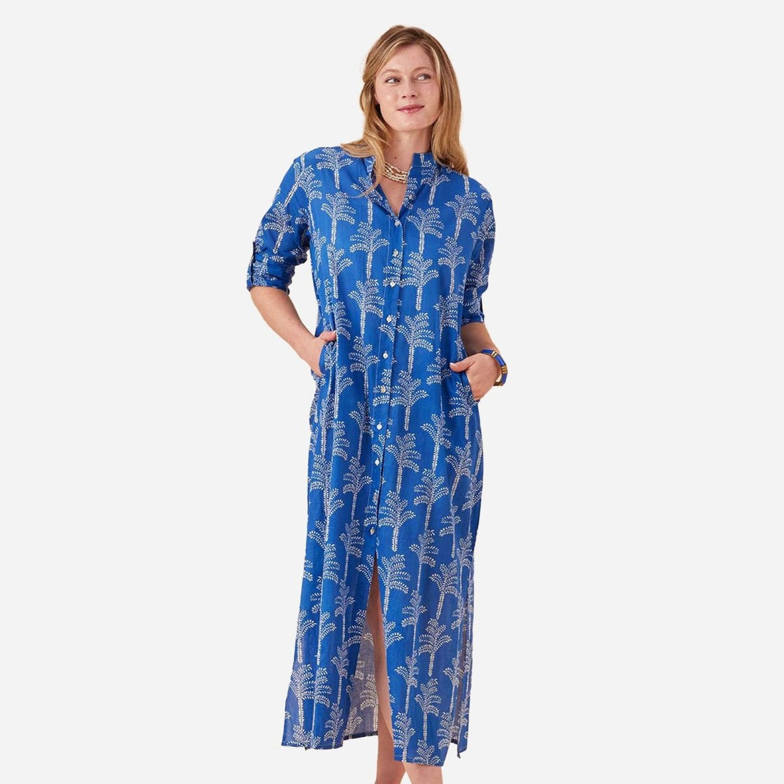Palms Blue Cotton Long Shirt Dress Swim Cover Up - rockflowerpaper