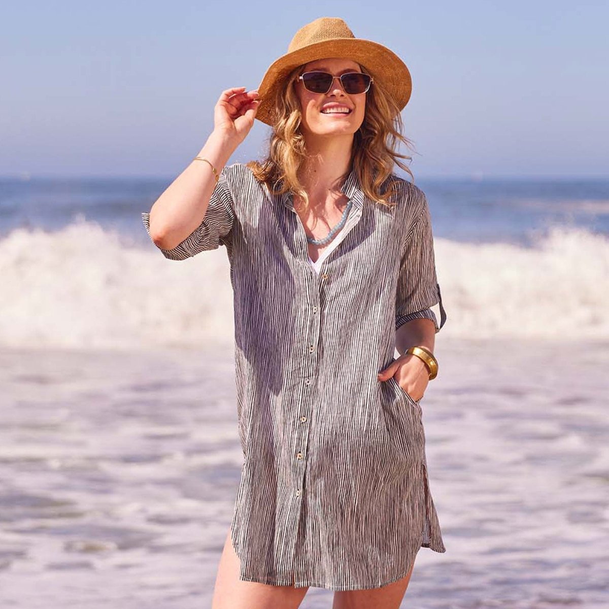 Suri Black Cotton Button Down Beach Tunic, Black / L