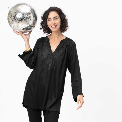 Black Embroidered Satin Tunic Embroidered Tunic - rockflowerpaper