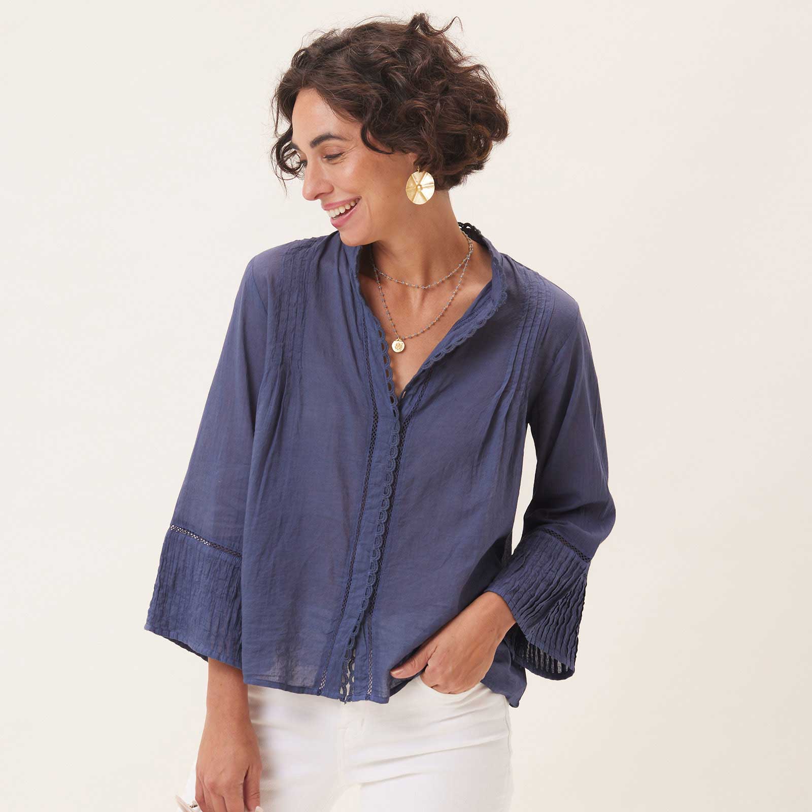 Casual Blue color Cotton fabric Tops and Shirts : 1898072