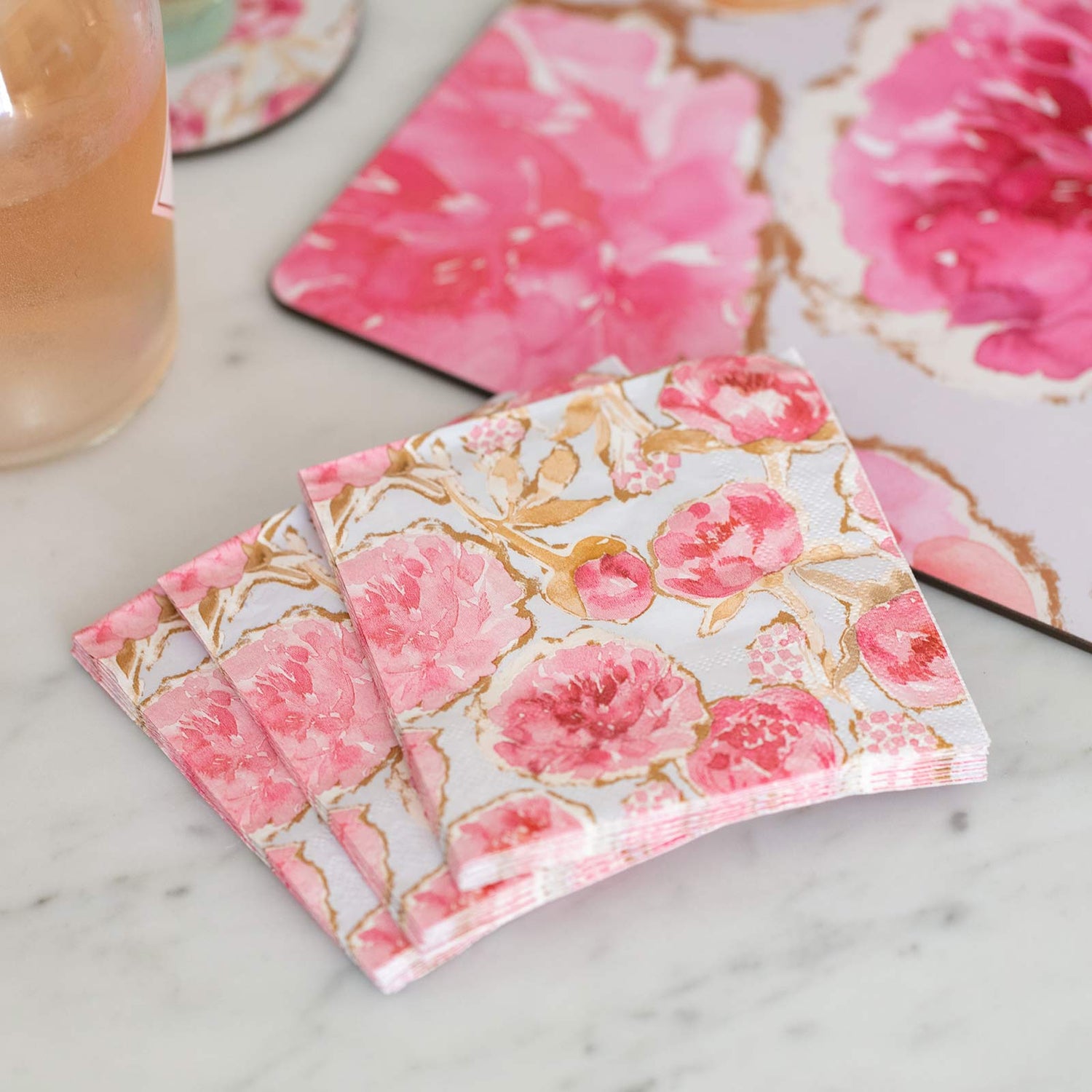 Pink Peonies Paper Cocktail Napkins (Pack of 20) Paper Cocktail Napkin - rockflowerpaper