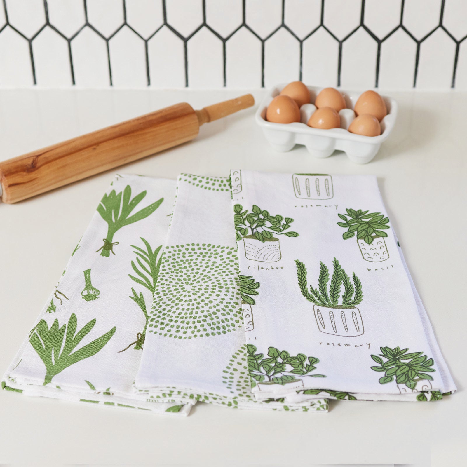 Eco Friendly Kitchen Dish Cloths in Green Herbs Pattern – rockflowerpaper  LLC