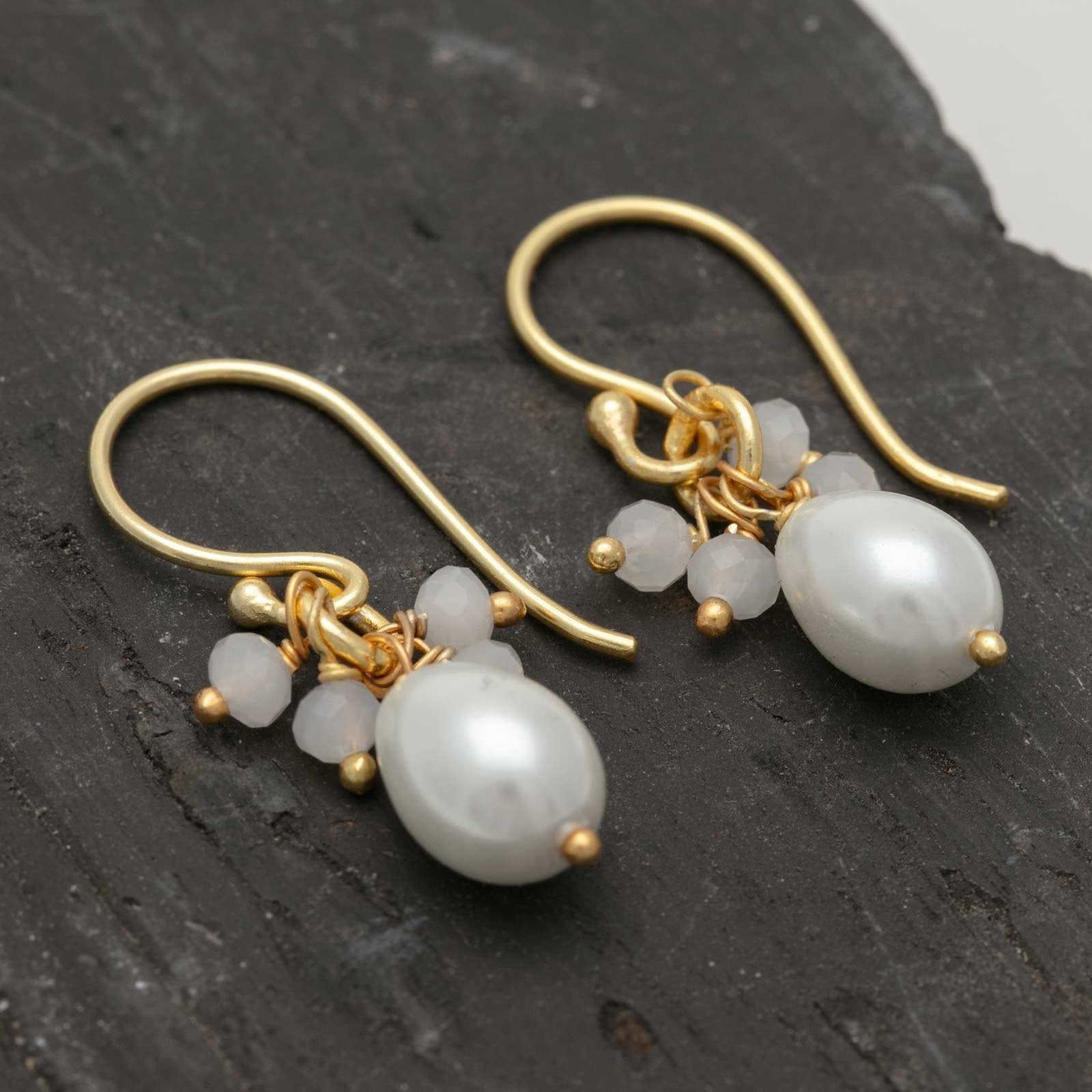 18K Gold Plated Pearl Drop Earrings With Chalcedony Bead Accents Earring - rockflowerpaper