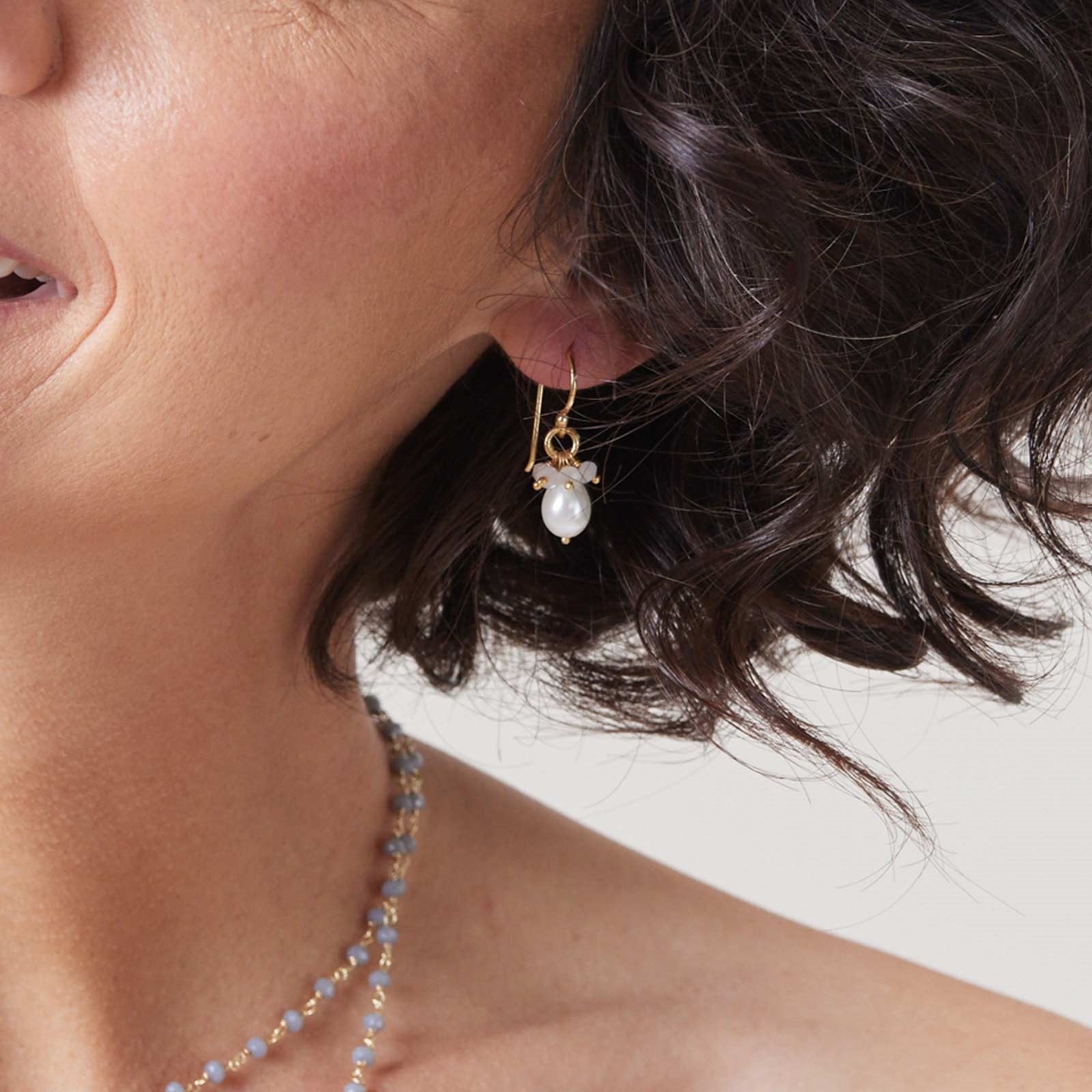 18K Gold Plated Pearl Drop Earrings With Chalcedony Bead Accents Earring - rockflowerpaper