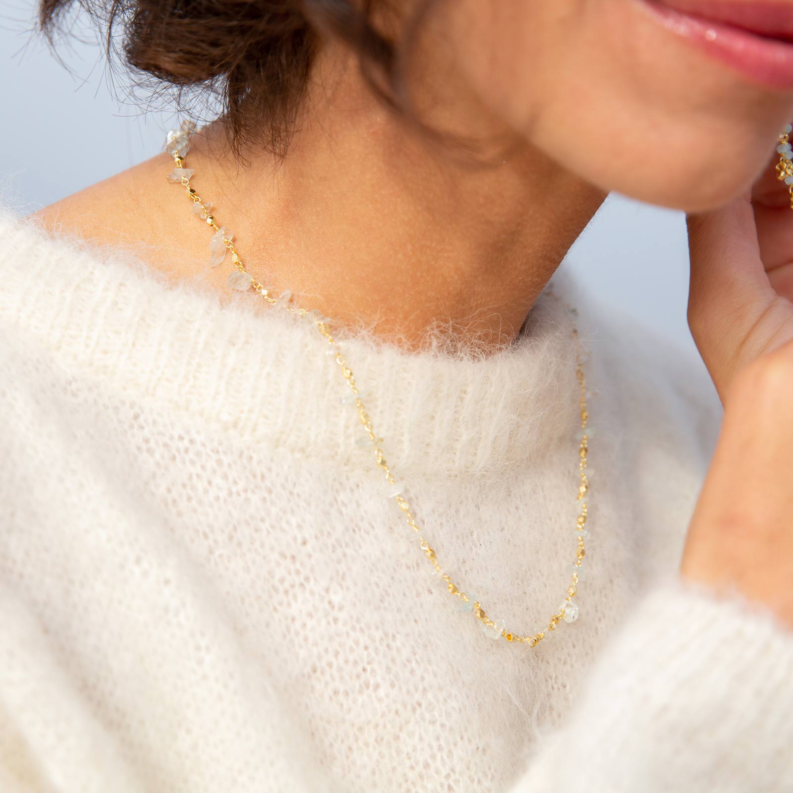 Rough Uncut Aqua Faceted Metal Bead Layer Necklace, 18"+2” Extender - Gold Plated Necklace - rockflowerpaper