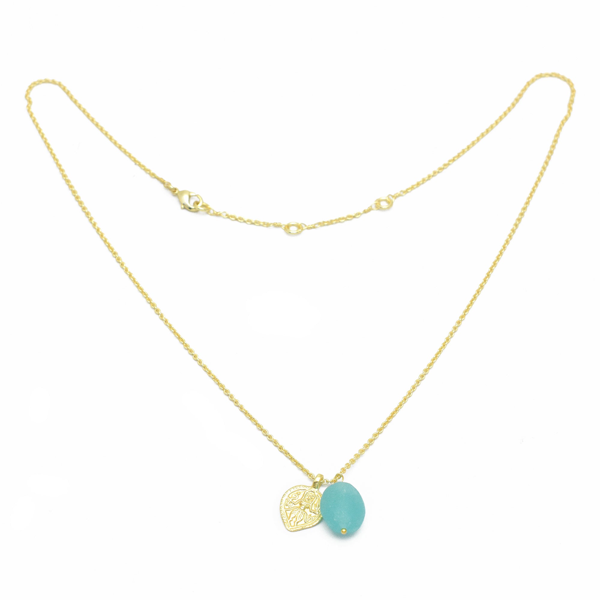 Aqua Chalcedony Durga Charm Double Pendant Necklace, 18"+2” - Gold Plated Necklace - rockflowerpaper