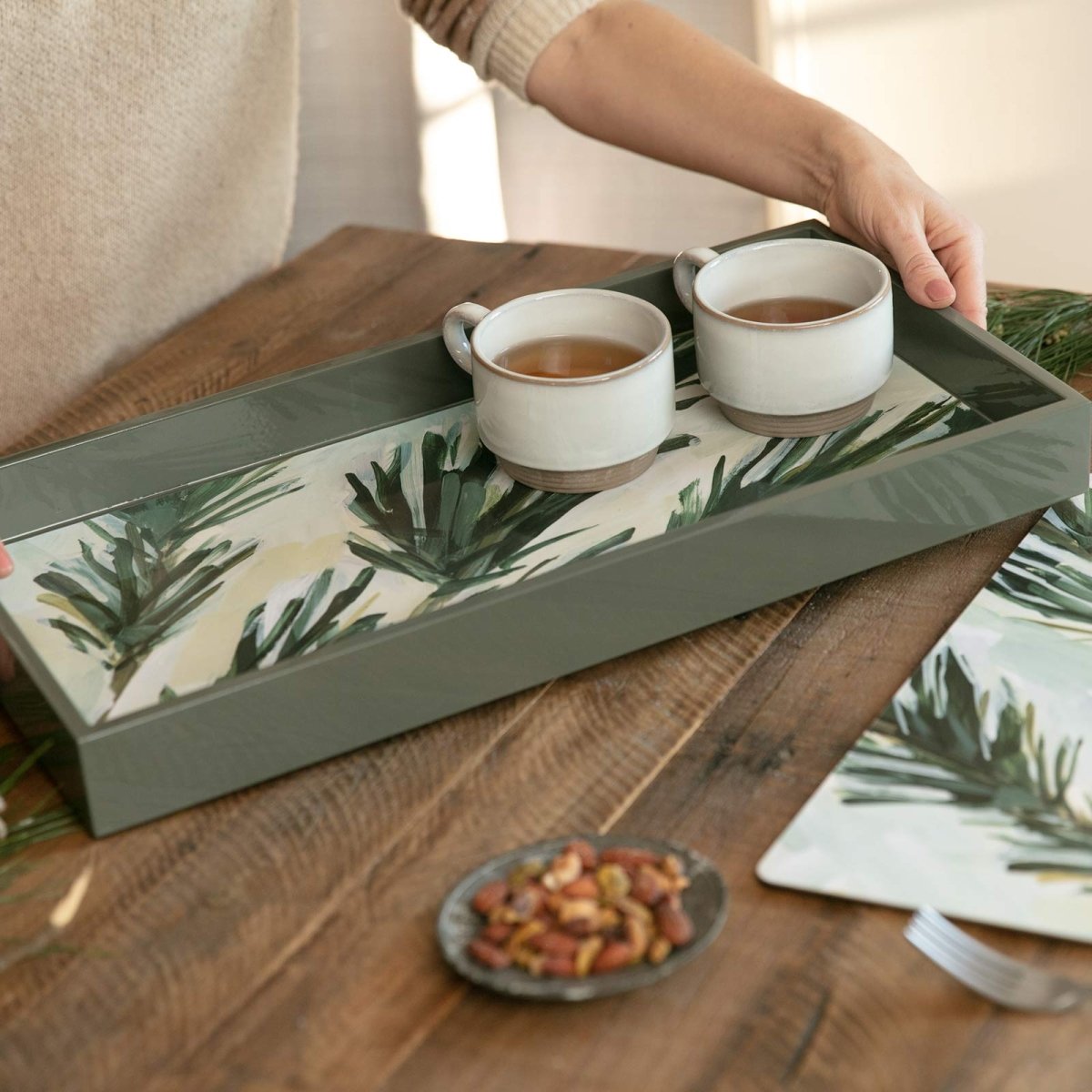 Abstract Spruce Branch 10" x 20" Rectangular Lacquer Art Serving Tray Tray - rockflowerpaper