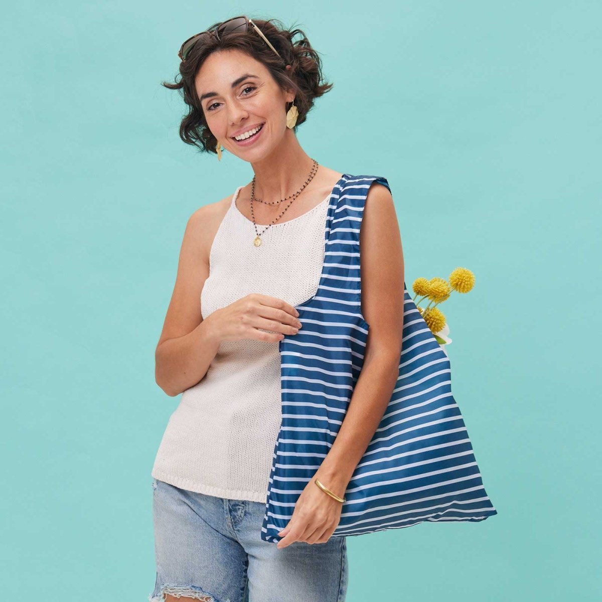 Breton Navy Stripe Blu Reusable Shopping Bag Reusable Shopping Bag - rockflowerpaper