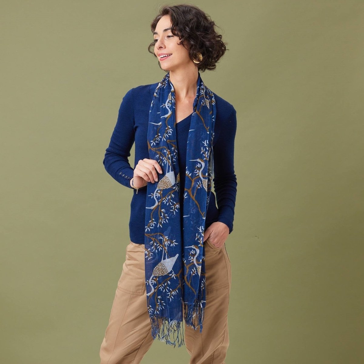 Chinoiserie Heron Featherweight Lux Tassel Scarf Scarf - rockflowerpaper