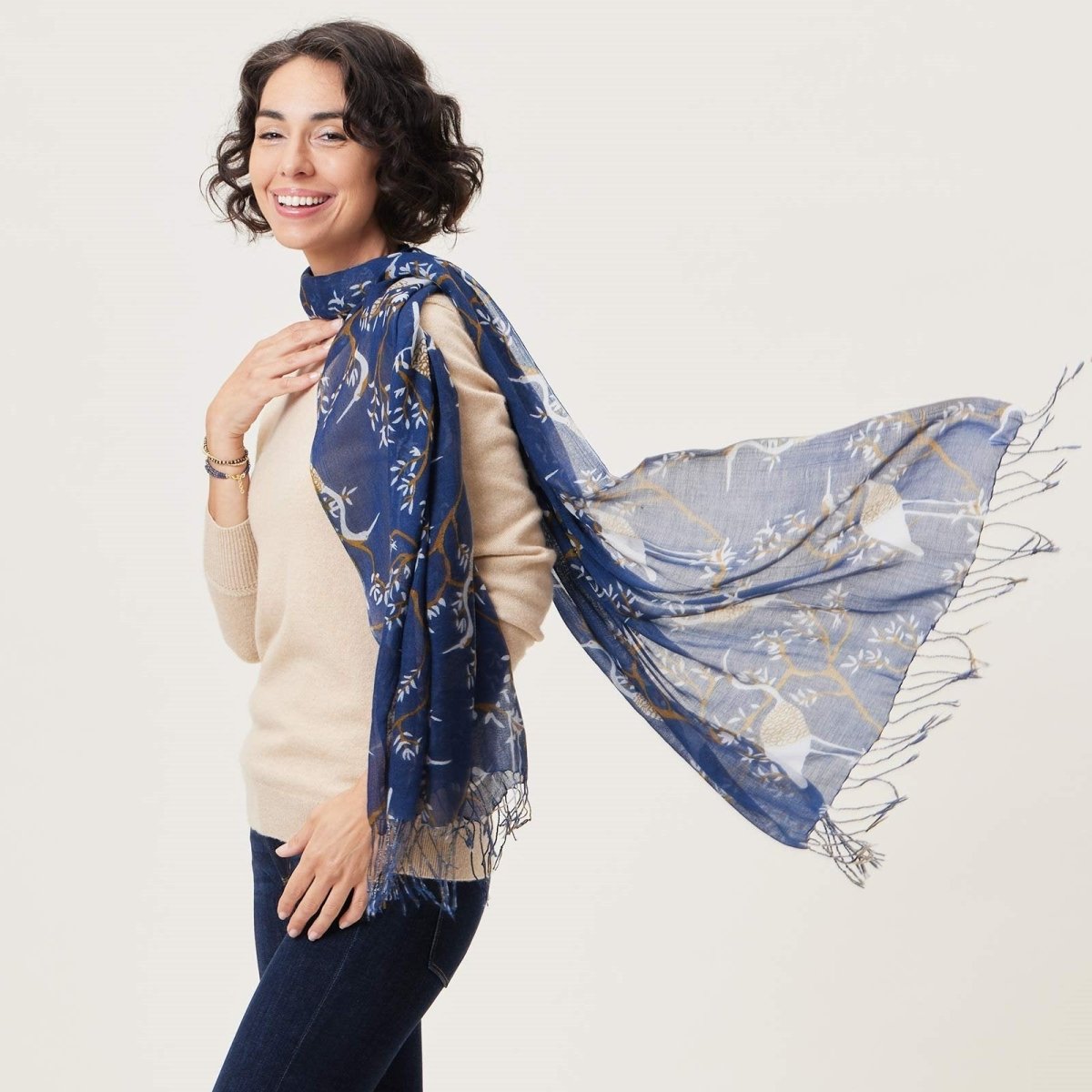 Chinoiserie Heron Featherweight Lux Tassel Scarf Scarf - rockflowerpaper