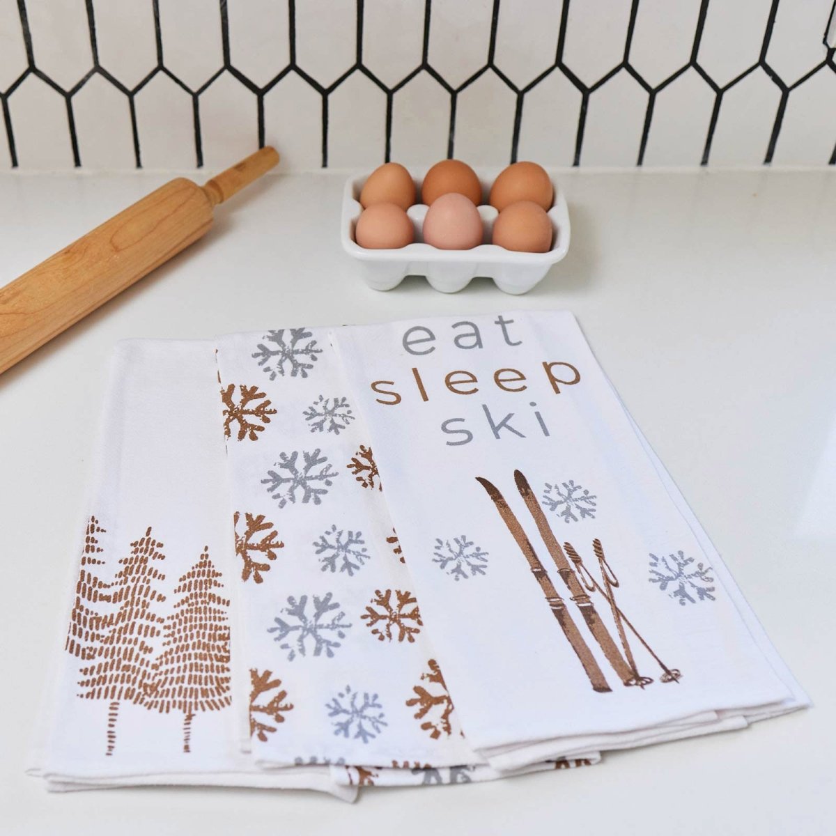 Eat Sleep Ski Cotton Kitchen Towels Set Of 3 Cotton Kitchen Towel - rockflowerpaper