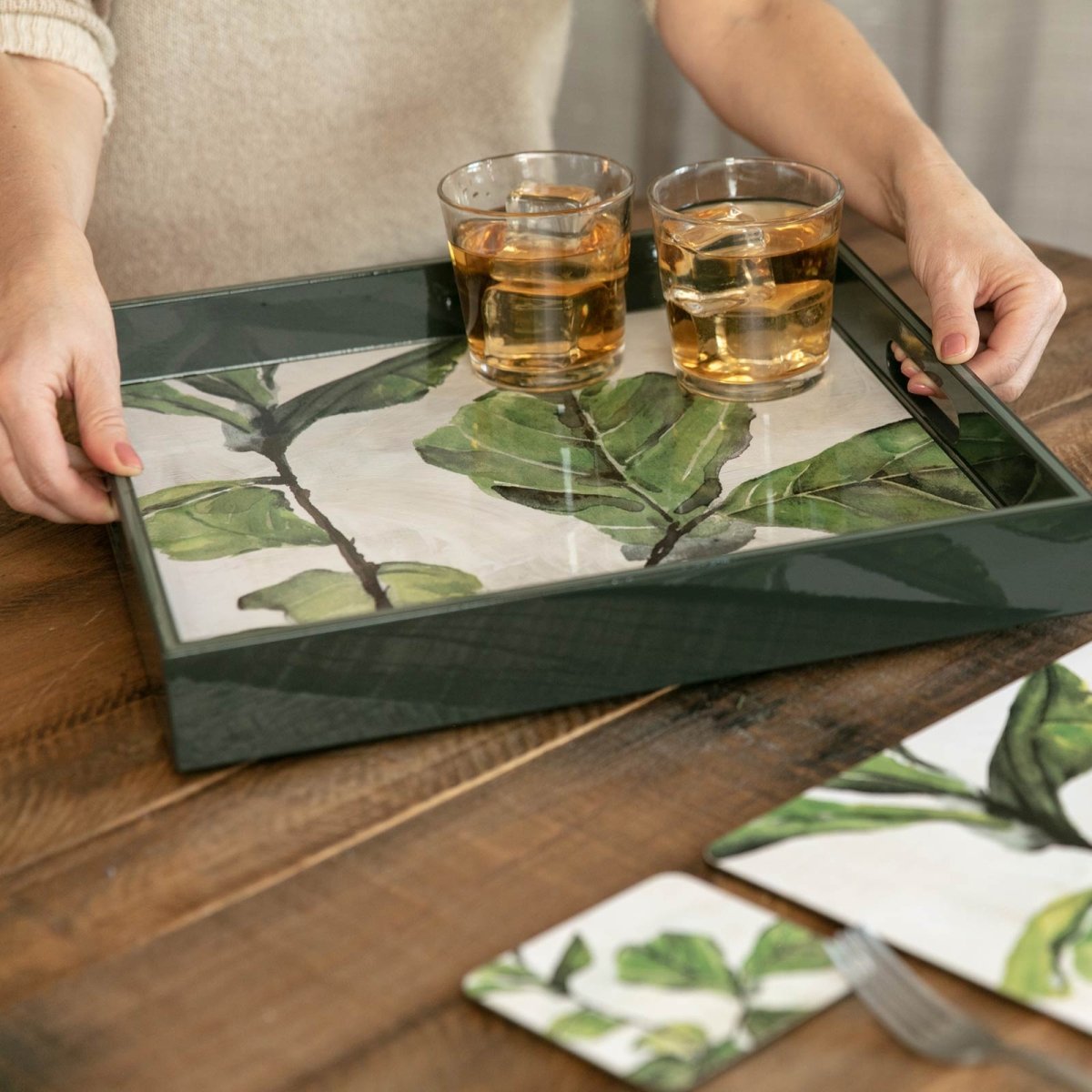 Fiddle Leaf Fig 15 Inch Square Lacquer Art Serving Tray Tray - rockflowerpaper
