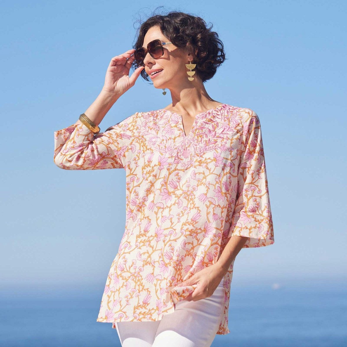 Fleur Pink blu Cotton Embroidered Kurta Tunic Embroidered Tunic - rockflowerpaper