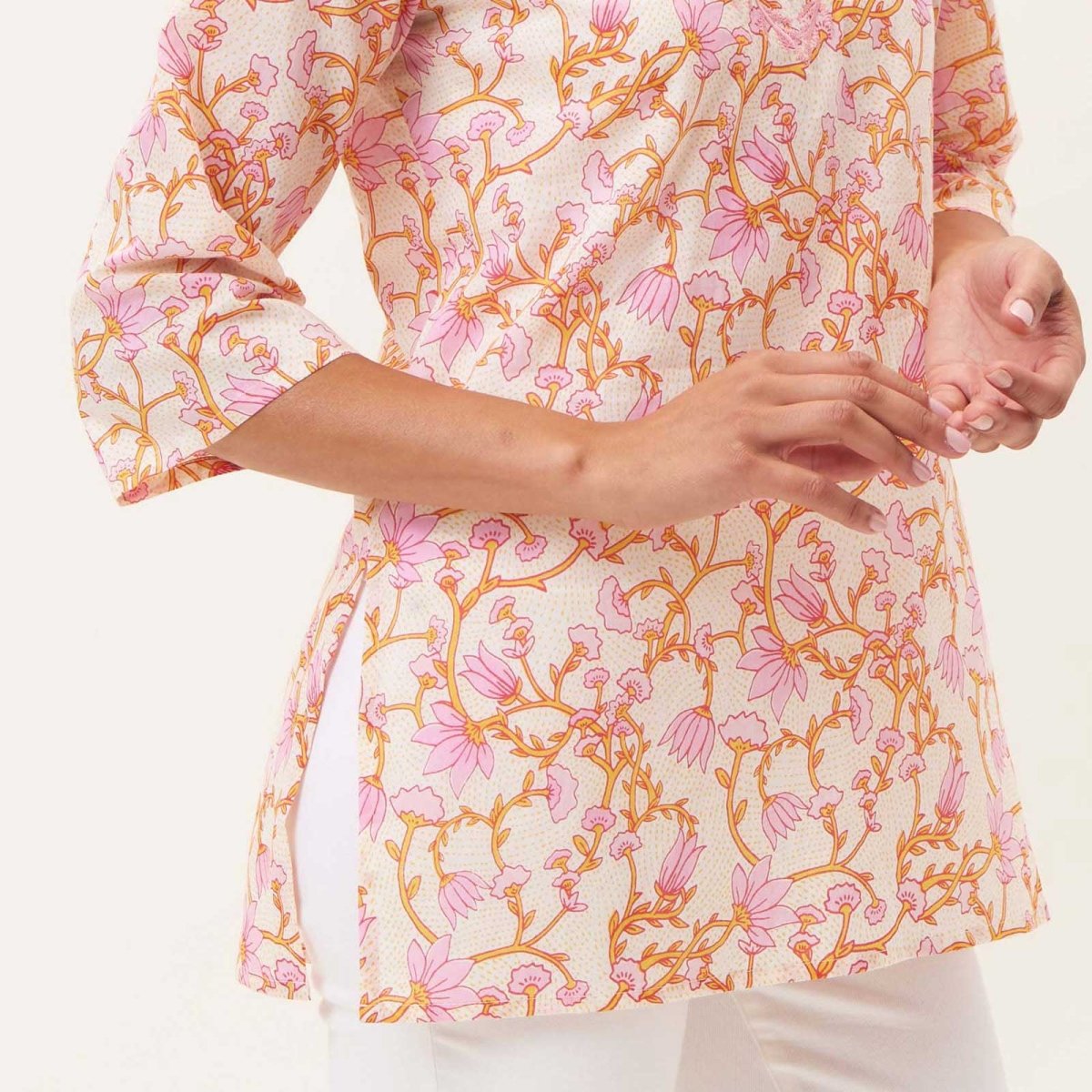 Fleur Pink blu Cotton Embroidered Kurta Tunic Embroidered Tunic - rockflowerpaper