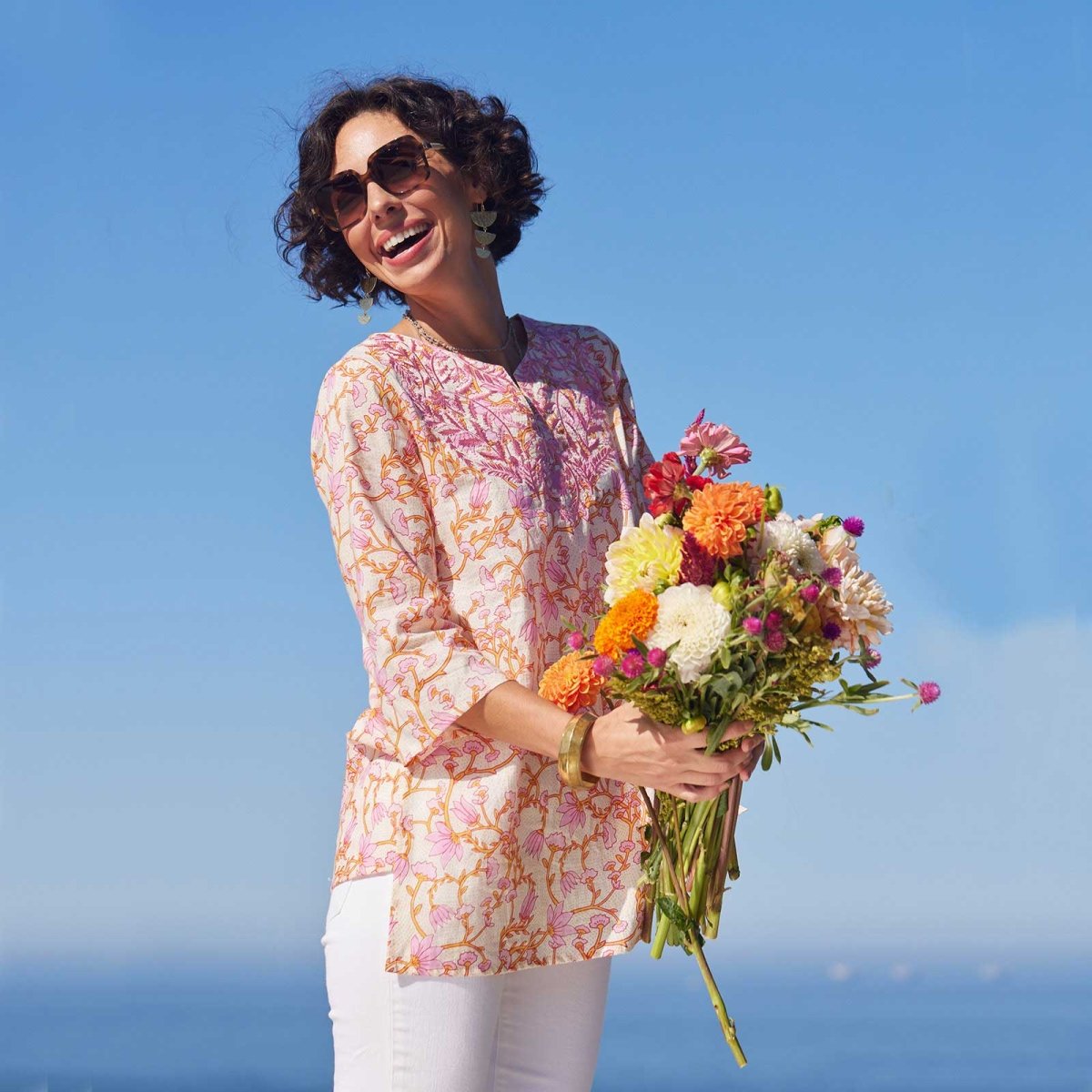 Fleur Pink blu Cotton Embroidered Kurta Tunic Embroidered Tunic - rockflowerpaper