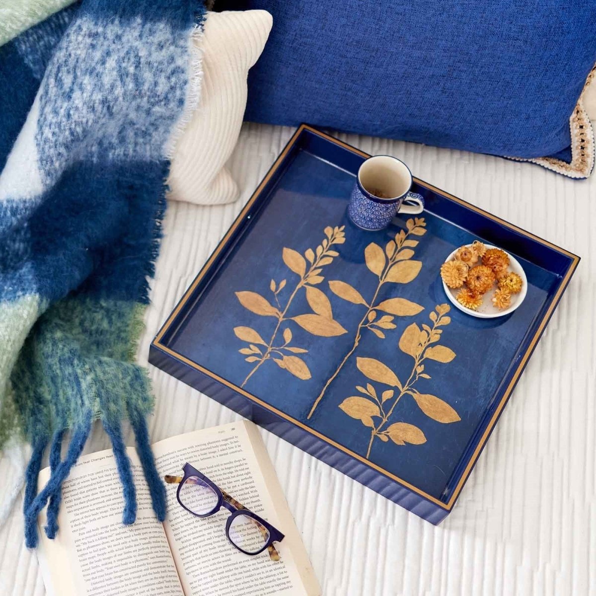 Gold Botanicals 15 Inch Square Lacquer Art Serving Tray Tray - rockflowerpaper