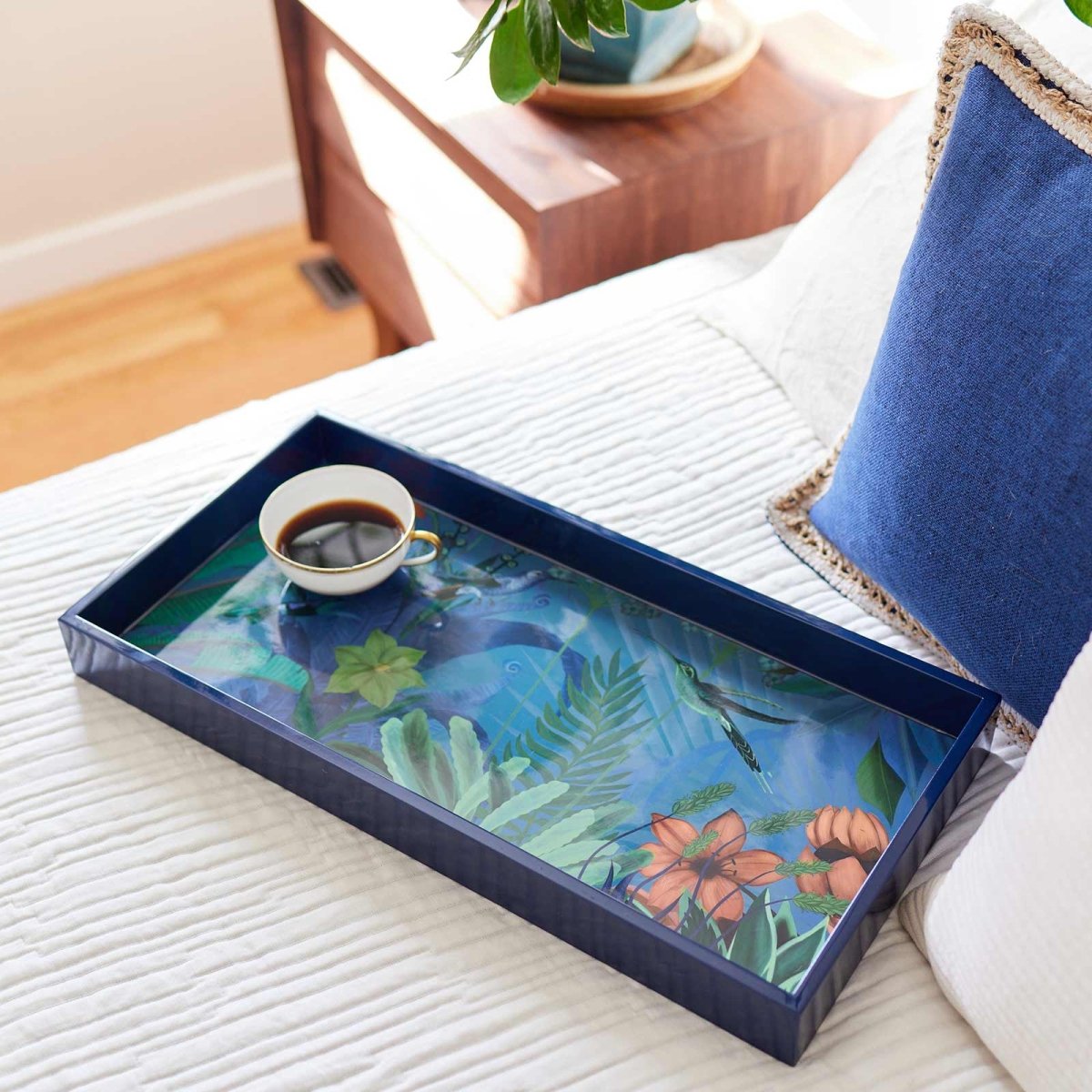 Hummingbird Garden 10" x 20" Rectangular Lacquer Art Serving Tray Tray - rockflowerpaper