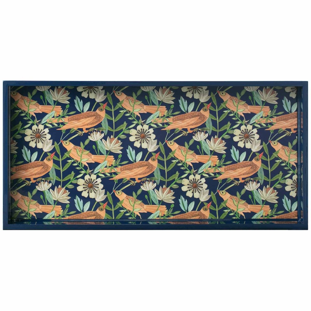 Indigo Chinoiserie Birds 10" x 20" Rectangular Lacquer Art Serving Tray Tray - rockflowerpaper