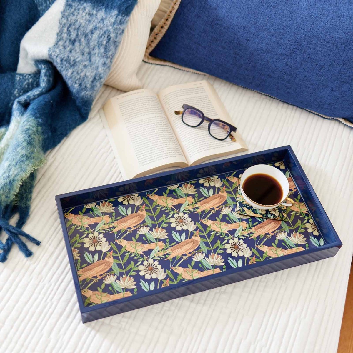 Indigo Chinoiserie Birds 10" x 20" Rectangular Lacquer Art Serving Tray Tray - rockflowerpaper