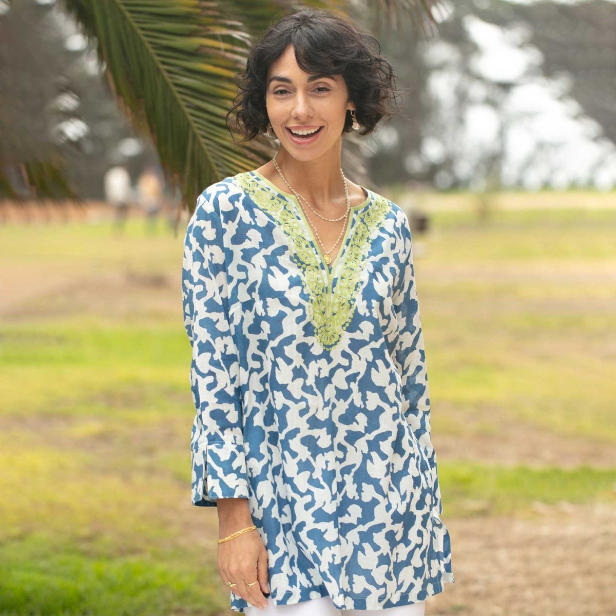 Ivy Blue blu Cotton Embroidered Kurta Tunic Embroidered Tunic - rockflowerpaper
