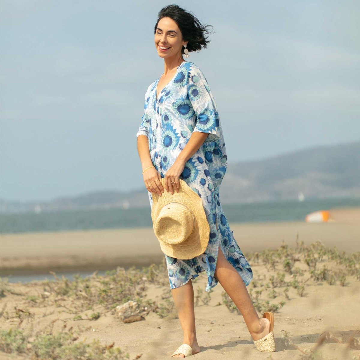 Jazlyn Blue Long Beach Kaftan Swim Cover Up - rockflowerpaper