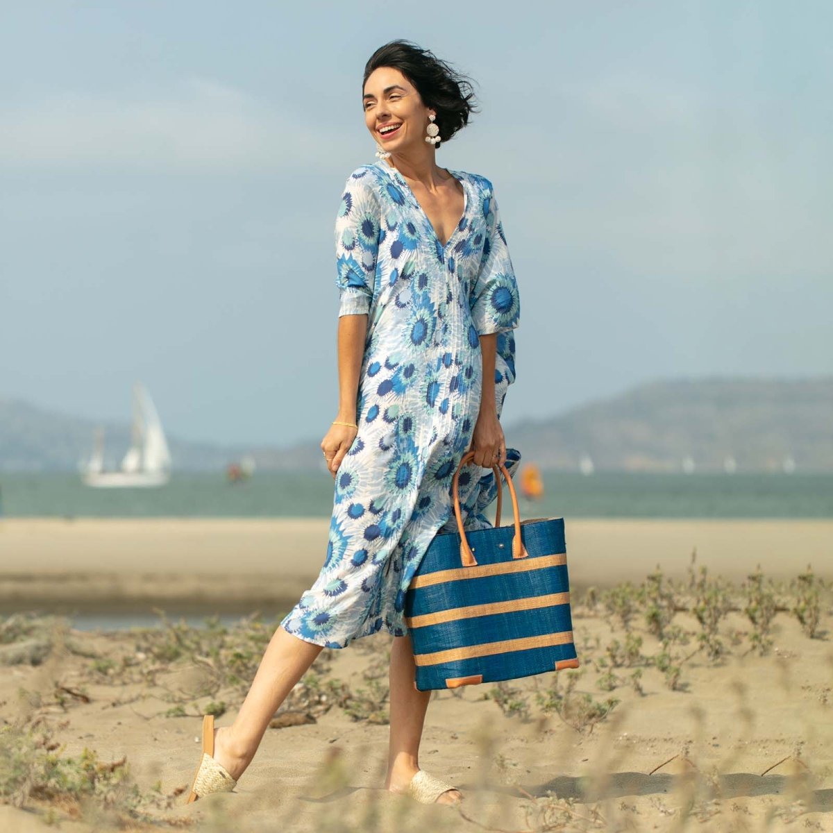 Jazlyn Blue Long Beach Kaftan Swim Cover Up - rockflowerpaper
