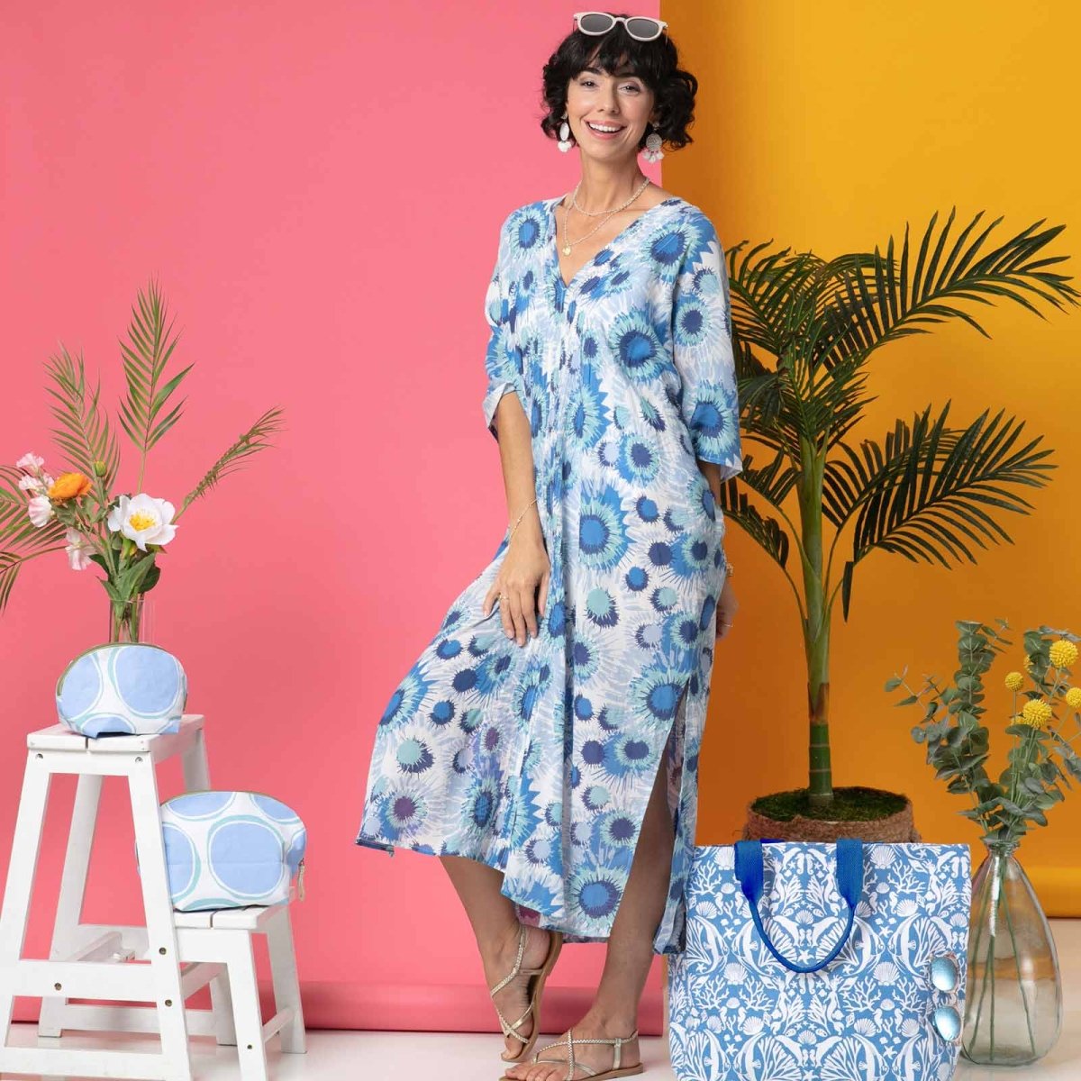 Jazlyn Blue Long Beach Kaftan Swim Cover Up - rockflowerpaper