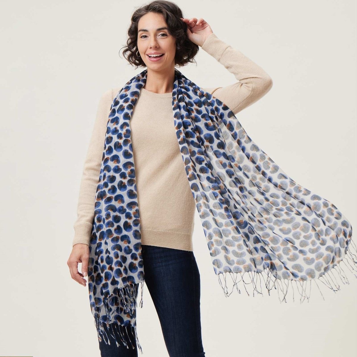 Leopard Blue Featherweight Tassel Lux Scarf Scarf - rockflowerpaper