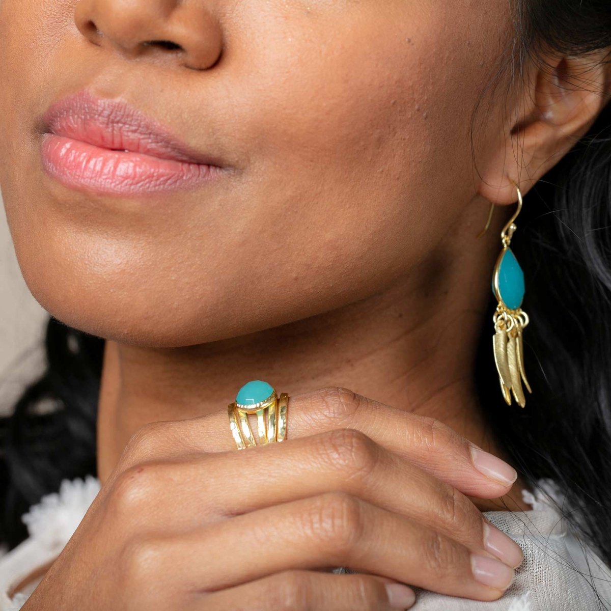 Navajo Fringe Aqua Chalcedony Dangle Earrings Gold Plated Earring - rockflowerpaper