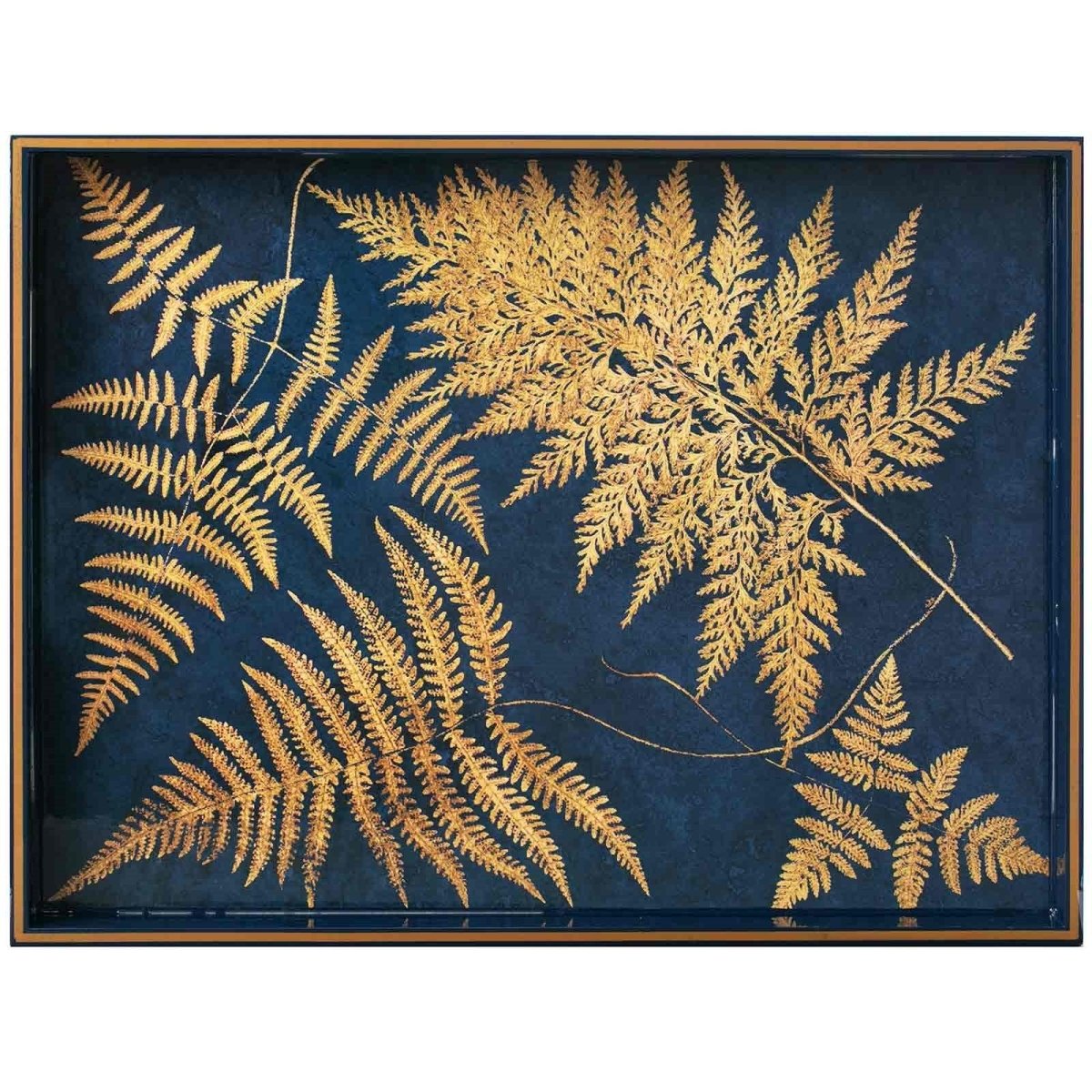 Navy Gilded Ferns 15" x 20" Rectangular Lacquer Art Serving Tray Tray - rockflowerpaper
