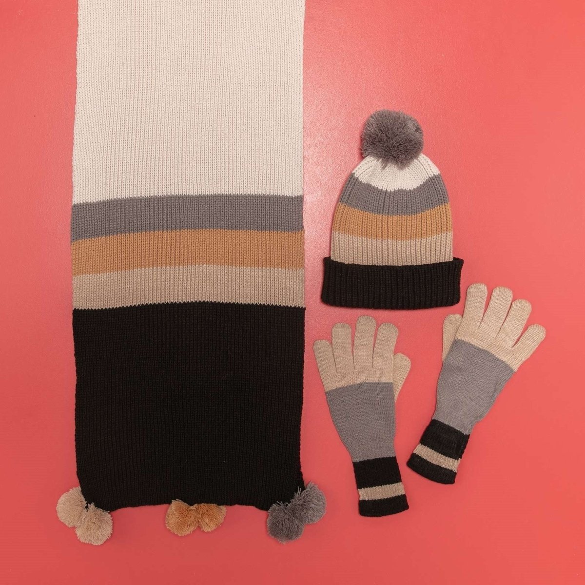 Paddington Stripe Black Tan Knit Gloves Gloves - rockflowerpaper