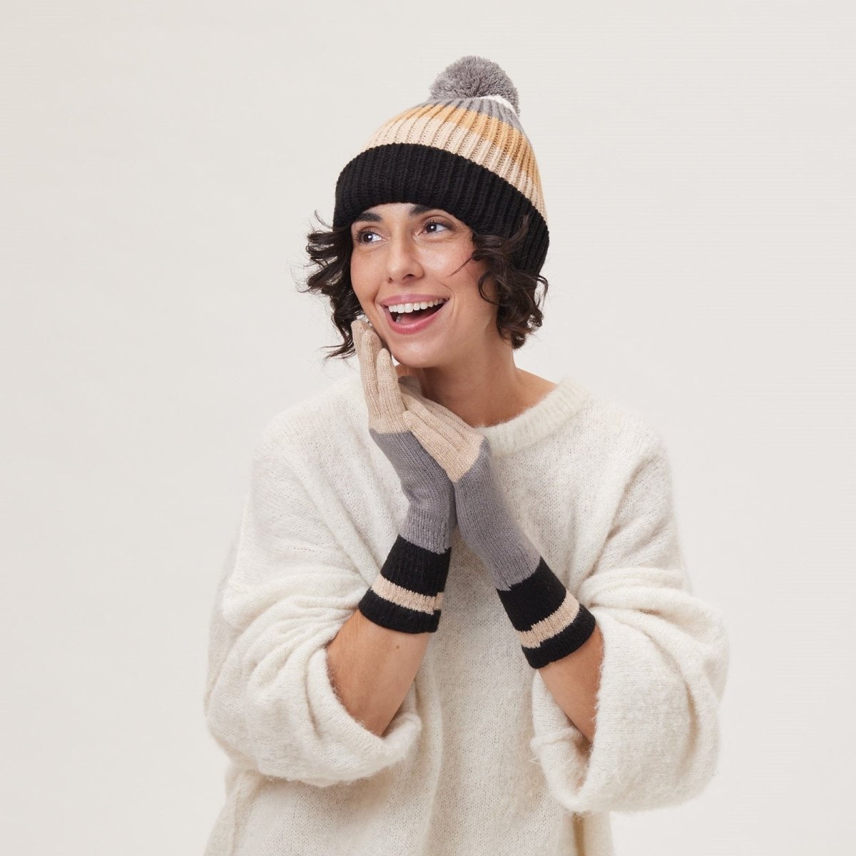 Paddington Stripe Black Tan Knit Gloves Gloves - rockflowerpaper