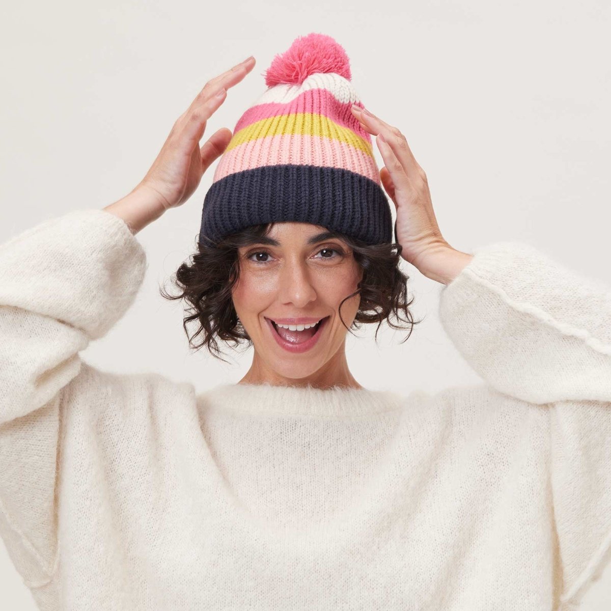 Piccadilly Stripe Navy Pink Knit Beanie Hat - rockflowerpaper