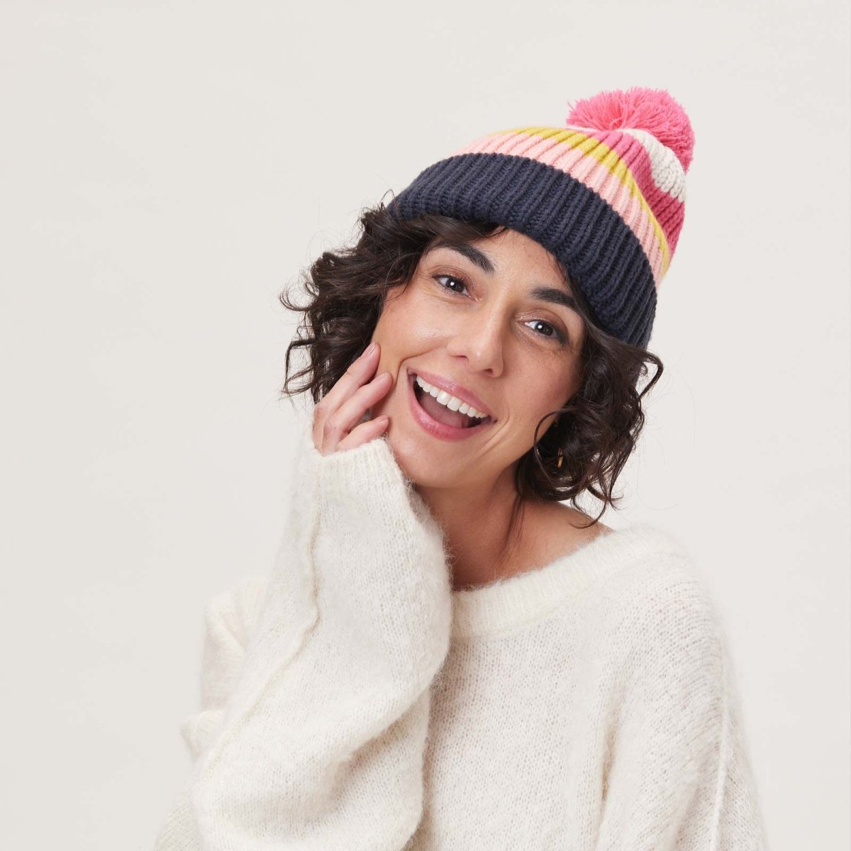 Piccadilly Stripe Navy Pink Knit Beanie Hat - rockflowerpaper