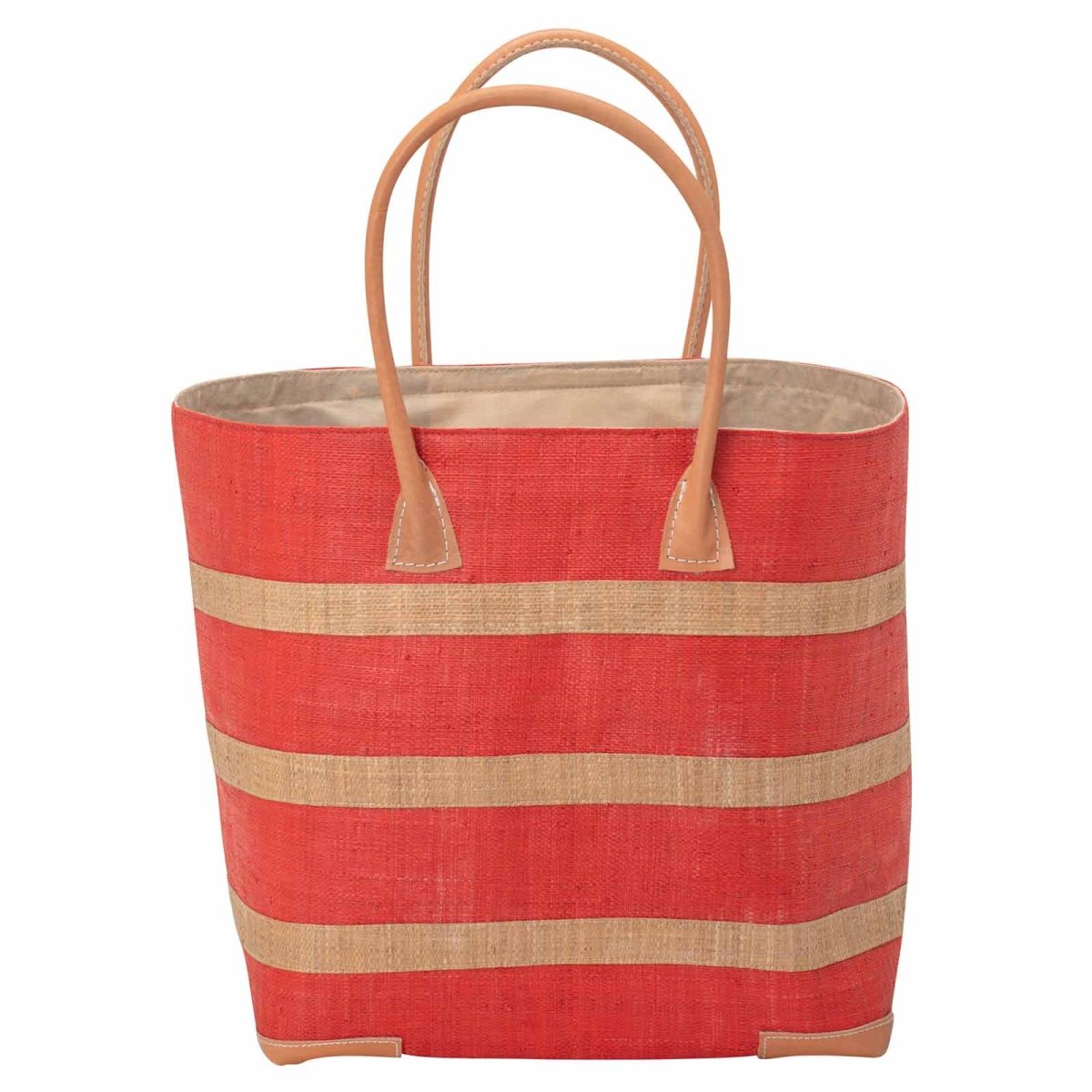 Raffia Coral Beach Stripe Tote with Leather Handle Raffia Tote - rockflowerpaper