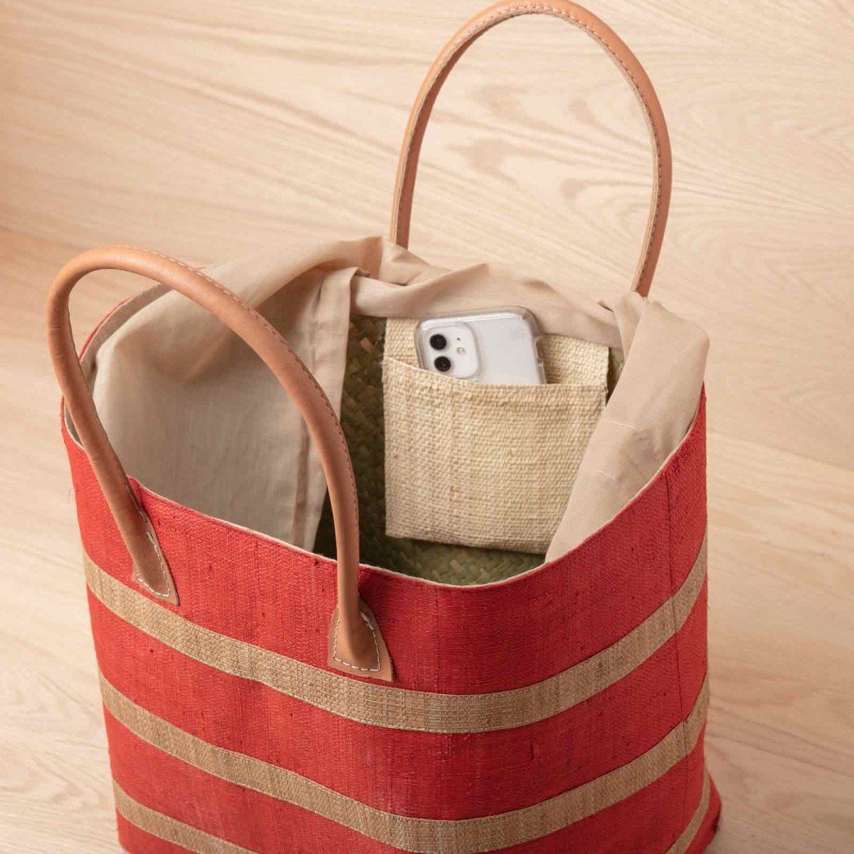 Raffia Coral Beach Stripe Tote with Leather Handle Raffia Tote - rockflowerpaper